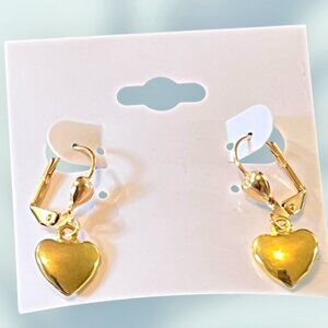 Puffed Heart Dangle Drop Earrings with Lever Back Yellow Gold Filled and Plated